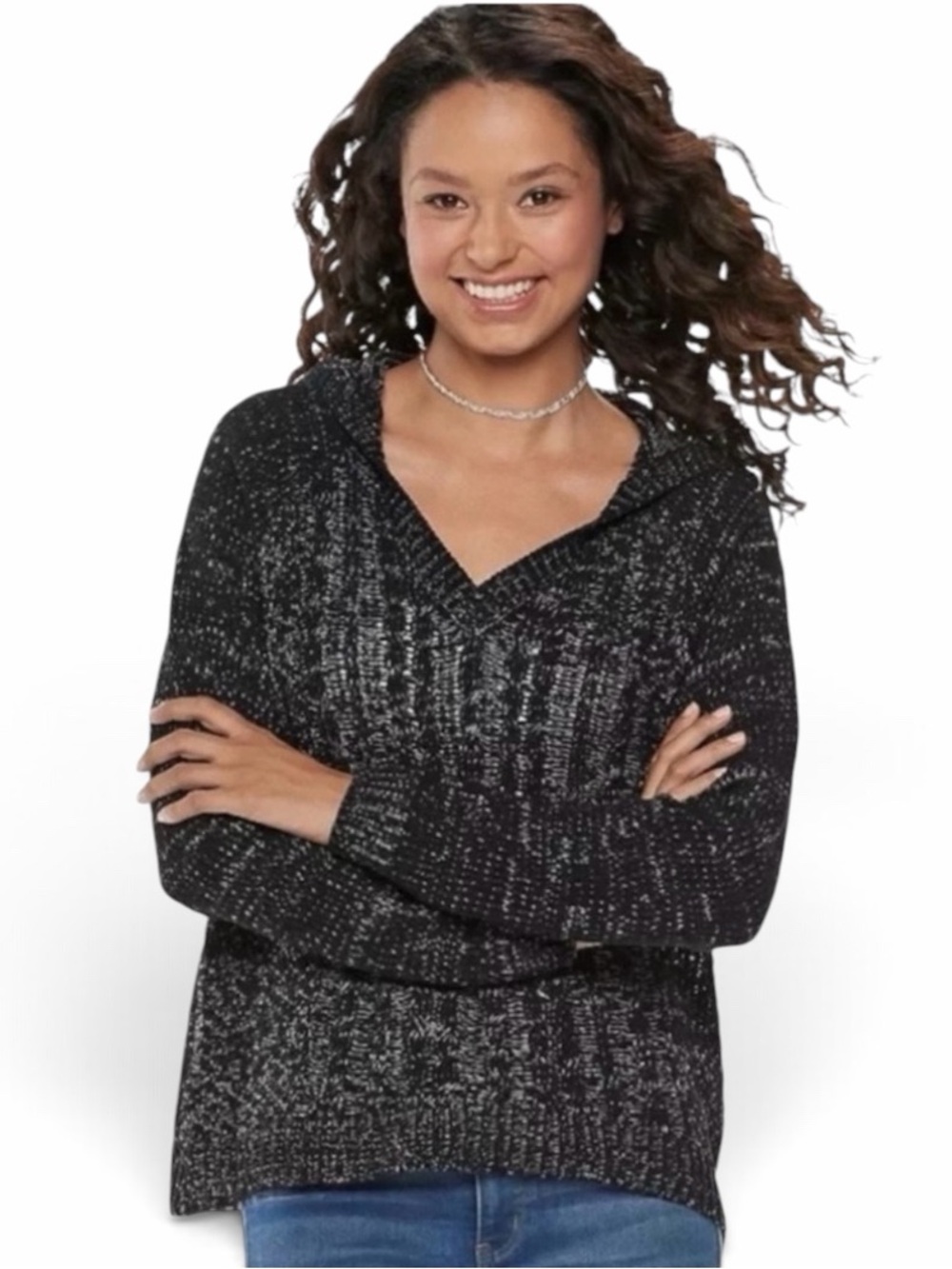 SO Black V-Neck Black Marled Chenille Long Sleeve Sweater Hoodie Size Medium